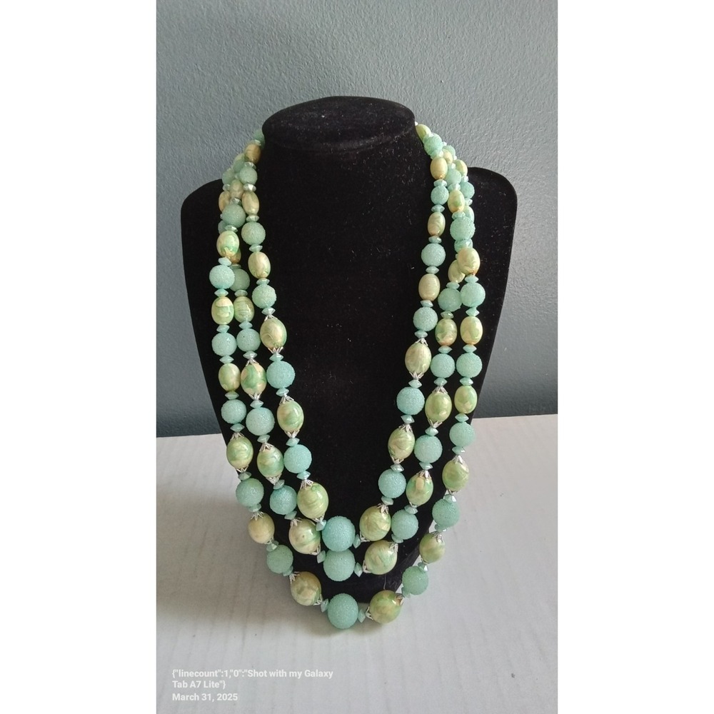 Vintage Style Beaded Necklace Three Strand Statement Jewelry Green